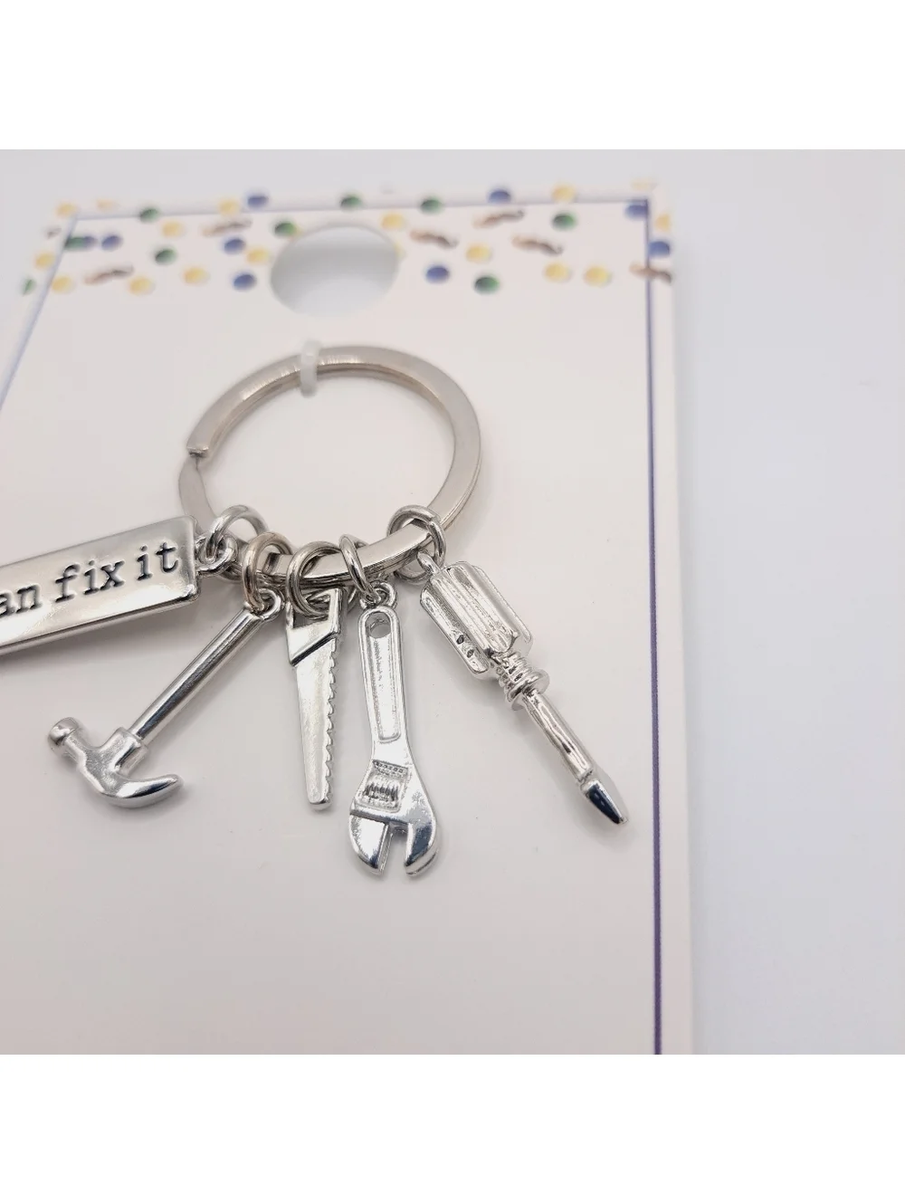 Fathers Day My Dad Can Fix It Keyring with Tool Charms Stocking Stuffer Silver